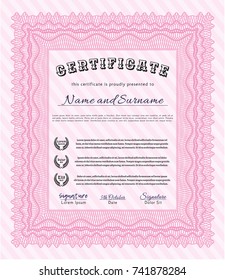 Pink Certificate template or diploma template. With guilloche pattern and background. Sophisticated design. Detailed. 