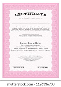 Pink Certificate template or diploma template. With linear background. Beauty design. Detailed. 