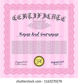 Pink Certificate template or diploma template. With linear background. Money Pattern design. Detailed. 