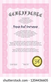 Pink Certificate template or diploma template. Money design. Easy to print. Vector illustration. 