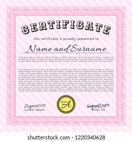 Pink Certificate template or diploma template. Money style design. Vector illustration. Complex background. 