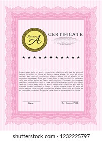 Pink Certificate template or diploma template. Money design. Detailed. Complex background. 