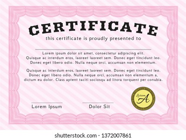 Pink Certificate template or diploma template. Money Pattern. Vector illustration. With background. 