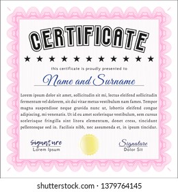 Pink Certificate template or diploma template. Nice design. Detailed. With linear background. 