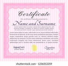 Pink Certificate template or diploma template. Perfect design. With guilloche pattern. Detailed. 