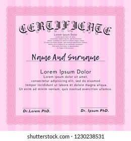 Pink Certificate template or diploma template. Printer friendly. Detailed. Cordial design. 