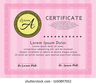 Pink Certificate template or diploma template. Printer friendly. Cordial design. Detailed. 