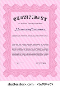 Pink Certificate template or diploma template. Printer friendly. Customizable, Easy to edit and change colors. Retro design. 