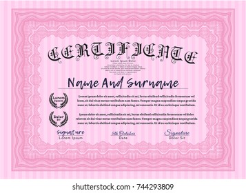 Pink Certificate template or diploma template. Printer friendly. Money Pattern design. Vector illustration. 