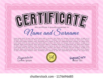 Pink Certificate template or diploma template. Retro design. Customizable, Easy to edit and change colors. With guilloche pattern and background. 
