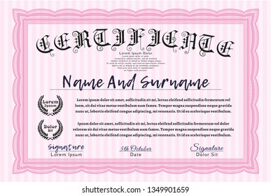 Pink Certificate template or diploma template. Sophisticated design. Detailed. With complex linear background. 