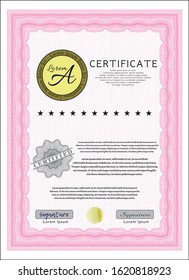 Pink Certificate template or diploma template. Sophisticated design. With quality background. Vector illustration. 