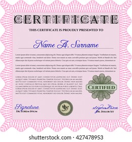 Pink Certificate template or diploma template. Superior design. Complex background. Vector pattern that is used in currency and diplomas.