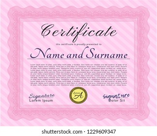 Pink Certificate template or diploma template. Vector illustration. With guilloche pattern. Money Pattern. 
