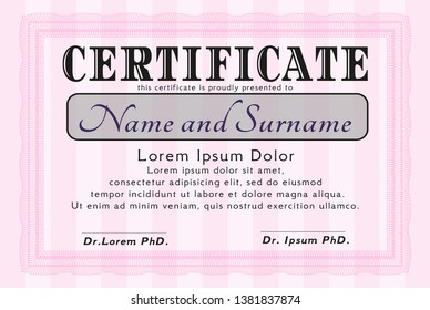 Pink Certificate template or diploma template. Vector illustration. With guilloche pattern. Sophisticated design. 