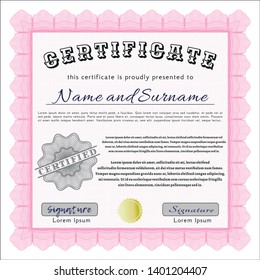 Pink Certificate template or diploma template. Vector illustration. With background. Cordial design. 