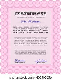Pink Certificate Template oder Diplomvorlage. Vektormuster, das in Währung und Diplomen verwendet wird. Komplexer Hintergrund. Überragendes Design. 