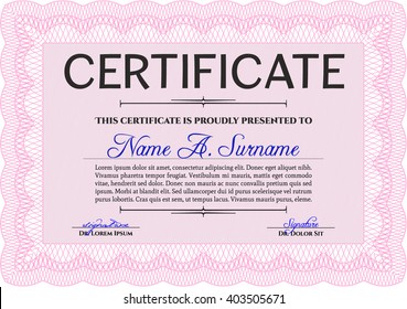 Pink Certificate template or diploma template. Vector pattern that is used in currency and diplomas.Complex background. Superior design. 