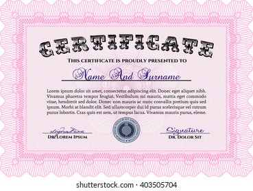 Pink Certificate template or diploma template. Vector pattern that is used in currency and diplomas.Complex background. Superior design. 