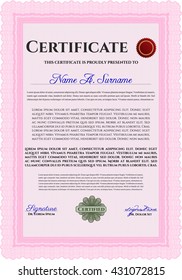 Pink Certificate Template oder Diplomvorlage. Vektormuster, das in Währung und Diplomen verwendet wird. Komplexer Hintergrund. Überragendes Design. 