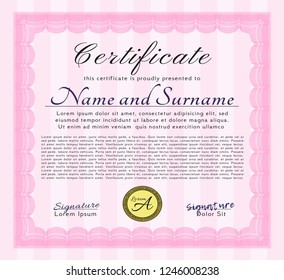 Pink Certificate template. Easy to print. Elegant design. Detailed. 