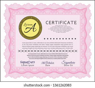 Pink Certificate template. Easy to print. Perfect design. Detailed. 