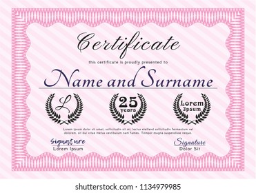 Pink Certificate template. Elegant design. With complex background. Detailed. 
