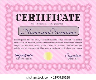 Pink Certificate template. Elegant design. Printer friendly. Vector illustration. 