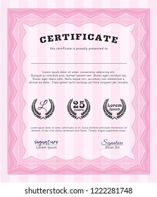 Pink Certificate template. Elegant design. Detailed. With great quality guilloche pattern. 