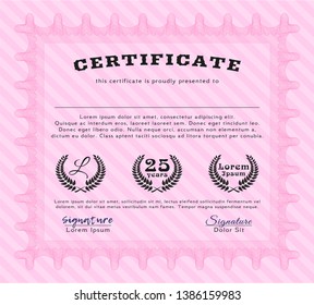 Pink Certificate template. Elegant design. Detailed. With complex linear background. 
