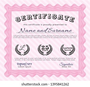 Pink Certificate template. Elegant design. With guilloche pattern. Customizable, Easy to edit and change colors. 