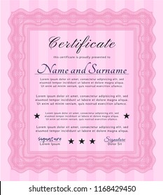 Pink Certificate template. Excellent design. Vector illustration. Easy to print. 