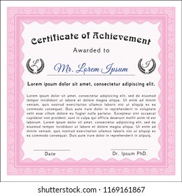 Pink Certificate template. With great quality guilloche pattern. Elegant design. Vector illustration. 