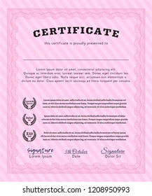 Pink Certificate template. With great quality guilloche pattern. Money style design. Detailed. 