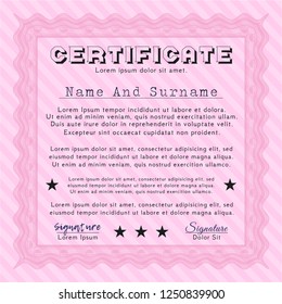 Pink Certificate template. With great quality guilloche pattern. Vector illustration. Good design. 