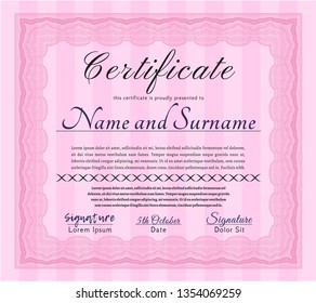Pink Certificate template. With great quality guilloche pattern. Money design. Detailed. 