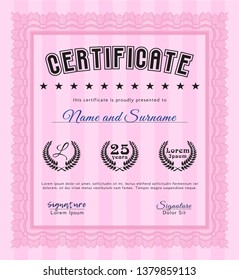 Pink Certificate template. With great quality guilloche pattern. Vector illustration. Money design. 