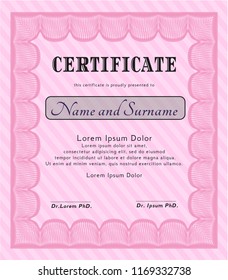 Pink Certificate template. With guilloche pattern and background. Customizable, Easy to edit and change colors. Nice design. 