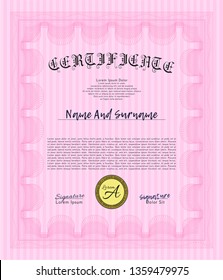 Pink Certificate template. With guilloche pattern. Detailed. Good design. 