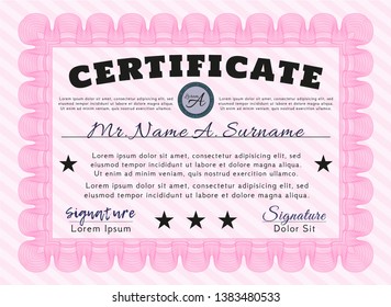 Pink Certificate template. With guilloche pattern. Vector illustration. Money Pattern. 