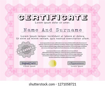 Pink Certificate template. With linear background. Detailed. Superior design. 