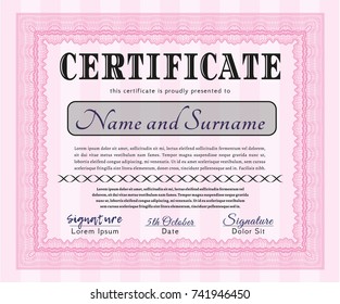 Pink Certificate template. With linear background. Detailed. Lovely design. 