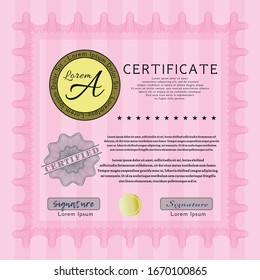 Pink Certificate template. Lovely design. With guilloche pattern. Vector illustration. 