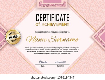 Pink certificate template. Luxury pink marble with gold square for department cosmetic, parfume, stores, business