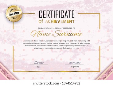 Pink certificate template. Luxury white pink marble with gold square for department cosmetic, parfume, stores, business