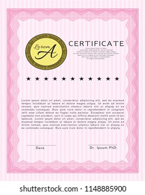 Pink Certificate template. Modern design. With guilloche pattern and background. Customizable, Easy to edit and change colors. 