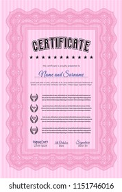 Pink Certificate template. Money Pattern. With linear background. Vector illustration. 