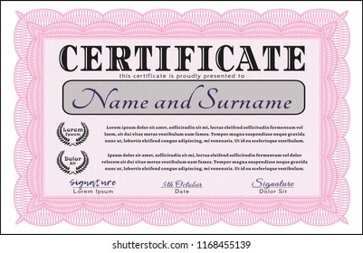 Pink Certificate template. Money Pattern. Detailed. With linear background. 