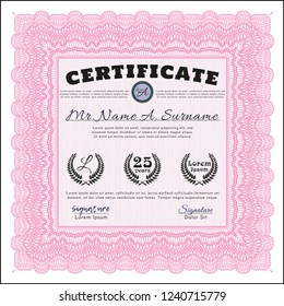 Pink Certificate template. Money Pattern design. With complex linear background. Vector illustration. 