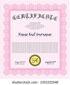 Pink Certificate template. Money Pattern design. Detailed. With complex linear background. 